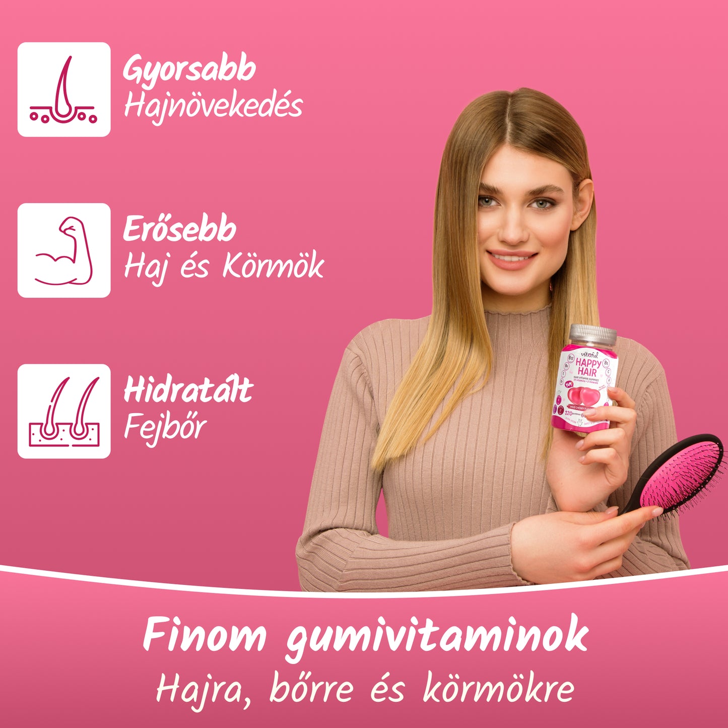 Vitaful Happy Hair premium hajvitamin a gyorsabb hajnovekedesert, erosebb hajert es kormokert, hidratalt fejborert.