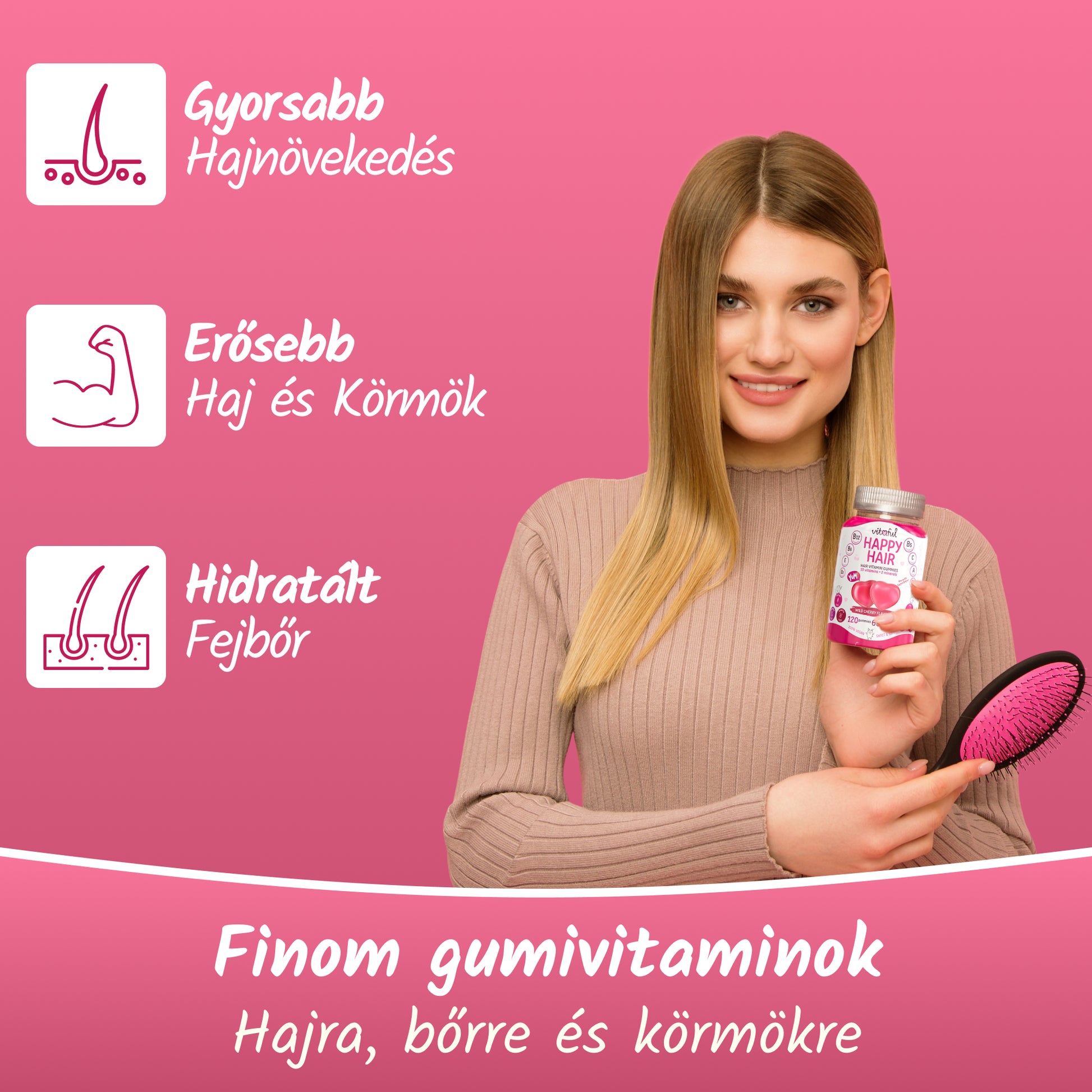 Vitaful Happy Hair premium hajvitamin a gyorsabb hajnovekedesert, erosebb hajert es kormokert, hidratalt fejborert.