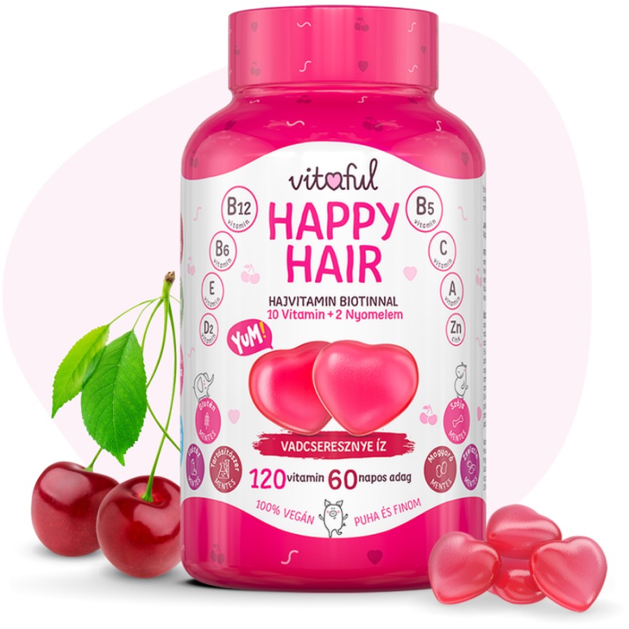 Vitaful Happy Hair premium minosegu hajvitamin 10 fele vitaminnal, biotinnal, folsavval, cinkkel es joddal. 100% vegan, laktoz-, szoja- es glutenmentes, nem tartalmaz tartositoszert sem mesterseges színezeket!