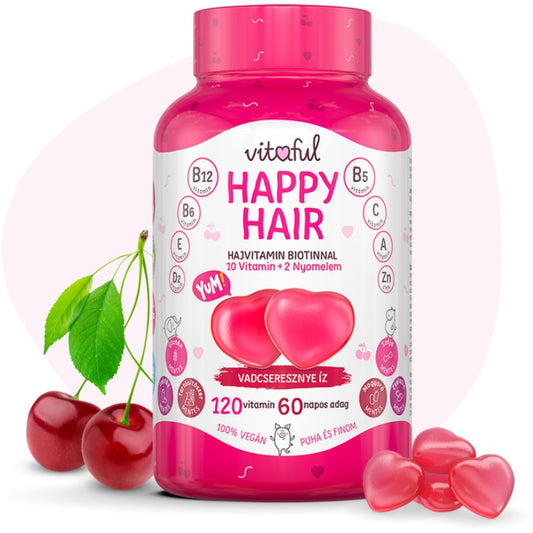 Vitaful Happy Hair premium minosegu hajvitamin 10 fele vitaminnal, biotinnal, folsavval, cinkkel es joddal. 100% vegan, laktoz-, szoja- es glutenmentes, nem tartalmaz tartositoszert sem mesterseges színezeket!
