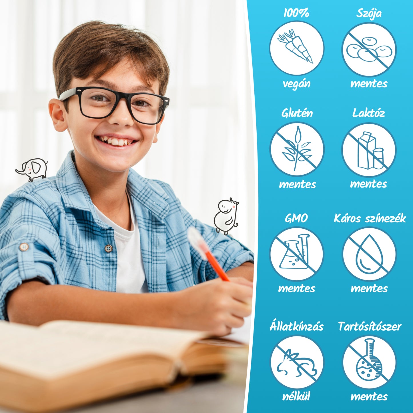 Vitaful Kids Immunerosito multivitamin hozzaadott cukor nelkul 100% vegan, laktoz-, szoja- es glutenmentes, nem tartalmaz tartositoszert sem mesterseges szinezeket!