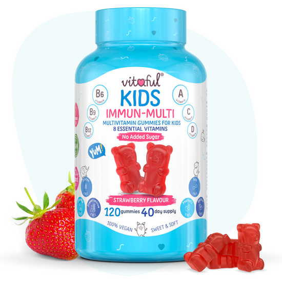 Vitaful Kids Immun Multi - premium immunerosito multivitamin gyerekek szamara hozzadaott cukor nelkul, 8 fele vitaminnal finom szamoca izben, gumimaci formaban. 100% vegan, laktoz-, szoja- es glutenmentes, nem tartalmaz tartositoszert sem mesterseges szinezeket!