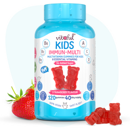 Vitaful Kids Immun Multi - premium immunerosito multivitamin gyerekek szamara hozzadaott cukor nelkul, 8 fele vitaminnal finom szamoca izben, gumimaci formaban. 100% vegan, laktoz-, szoja- es glutenmentes, nem tartalmaz tartositoszert sem mesterseges szinezeket!